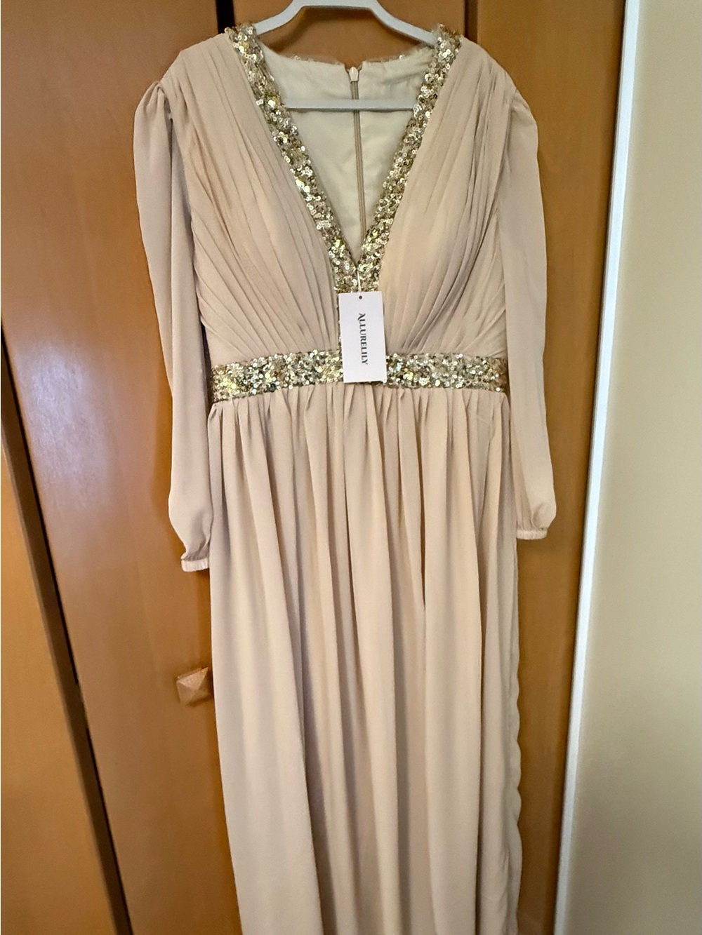 Champagne Long Sleeve V-Neck Evening Dress with Gold Sequin Trim